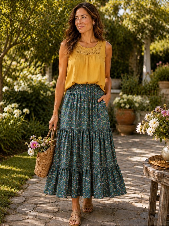 Tulip B Dresses & Skirts - NWT Tulip B Floral Tiered Maxi Skirt in Green Lined Elastic Waist Pockets